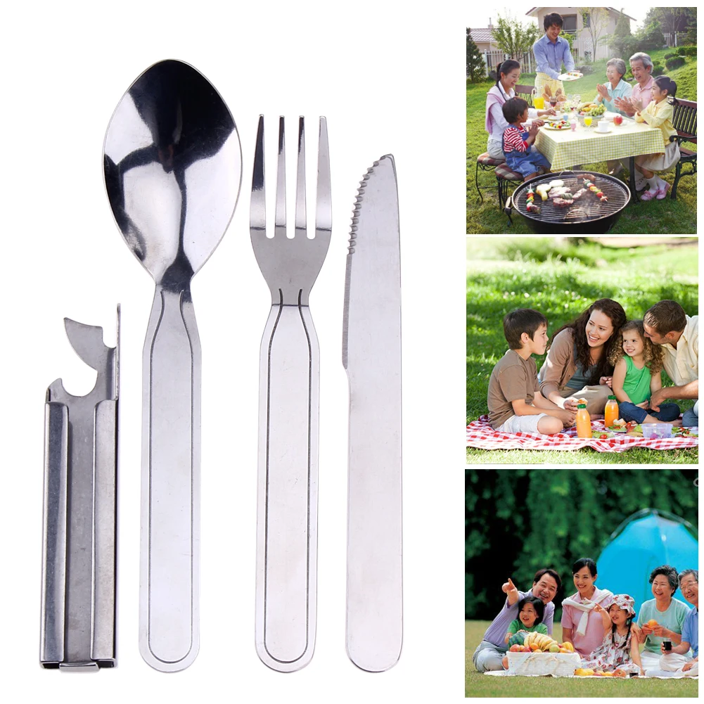 

4 in 1 Outdoor Camping Tourist Tableware Folding Spoon Fork Knife Opener Set Portable Stainless Steel Travel Hiking Tableware