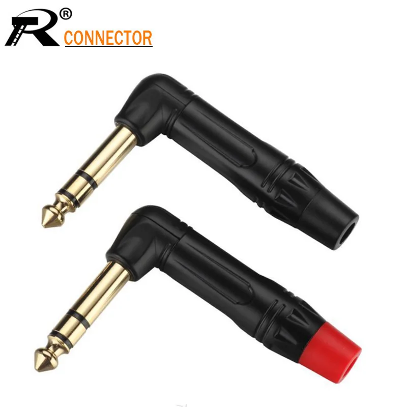 

2pcs/lot Right Angle Jack 6.35mm 3 Poles Stereo Male Connector Gold Plated 1/4 Inch Plug Microphone Connector 1 Pair Red+Black