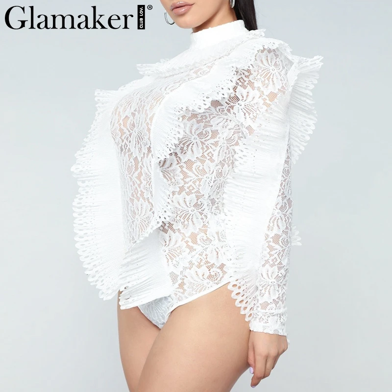 Glamaker Lace bodycon transparent mesh bodysuit Women ruffle long sleeve black bodysuit winter autumn sexy hollow out jumpsuit Glamaker Lace bodycon transparent mesh bodysuit Women ruffle long sleeve black bodysuit winter autumn sexy hollow out jumpsuit