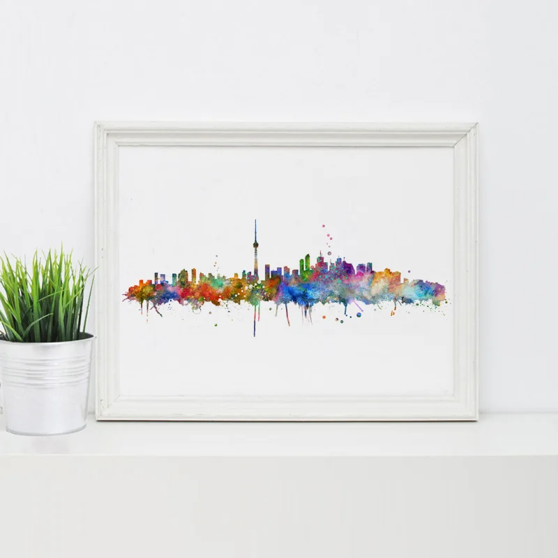 Акварельная живопись Toronto City Skyline ручной работы подарок силуэт плакат Декор