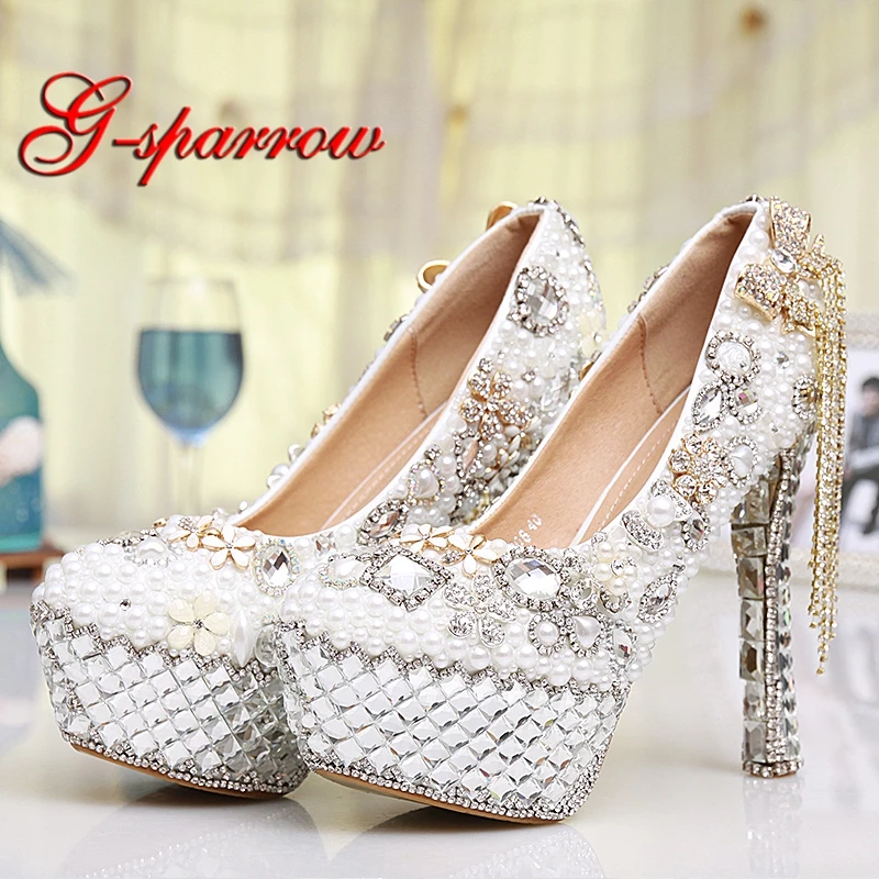 

Gorgeous White Imitation Pearl Wedding Shoes 5 Inches High Heel Crystal Platforms Cinderella Prom Pumps Ceremony Event Shoe