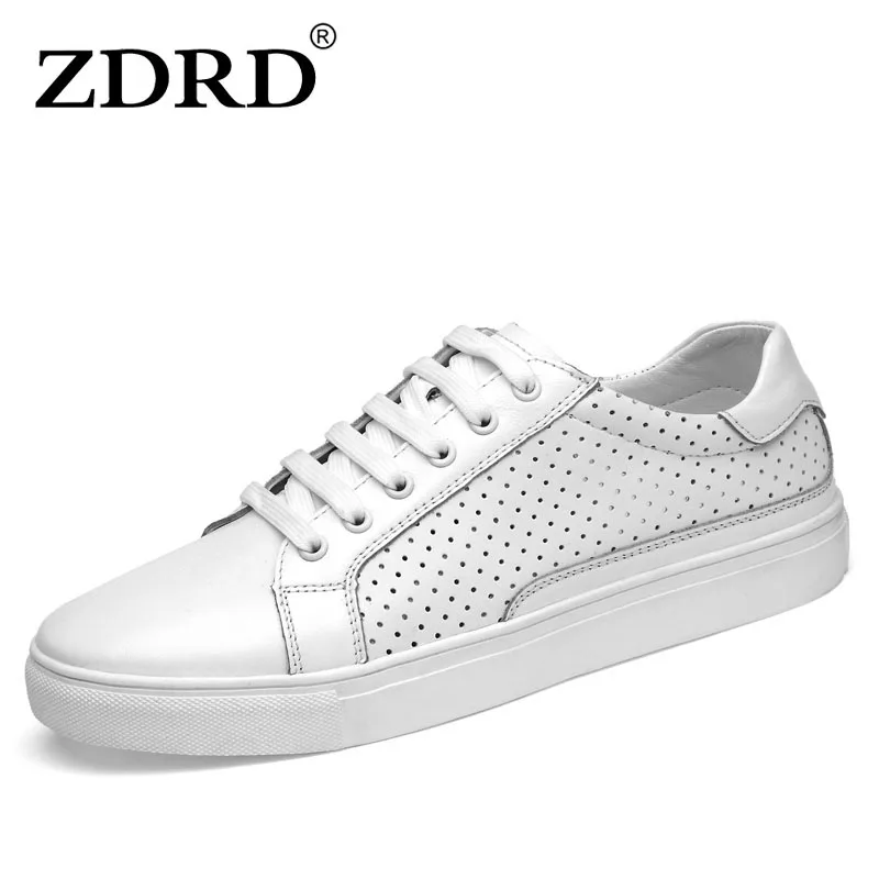

ZDRD Big size 36-47 Men's 100% Genuine Leather Shoes Breathable Hollow White Black Unisex Casual Flats Shoes Fashion Men Oxfords