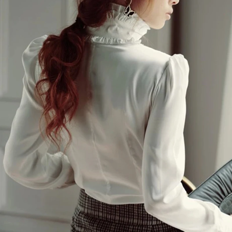 Women Lolita Shirt Long Sleeve Stand Collar Chiffon Blouses With Ruffles New 2018 Ladies Bow Shirt Royal Style Gothic Shirt