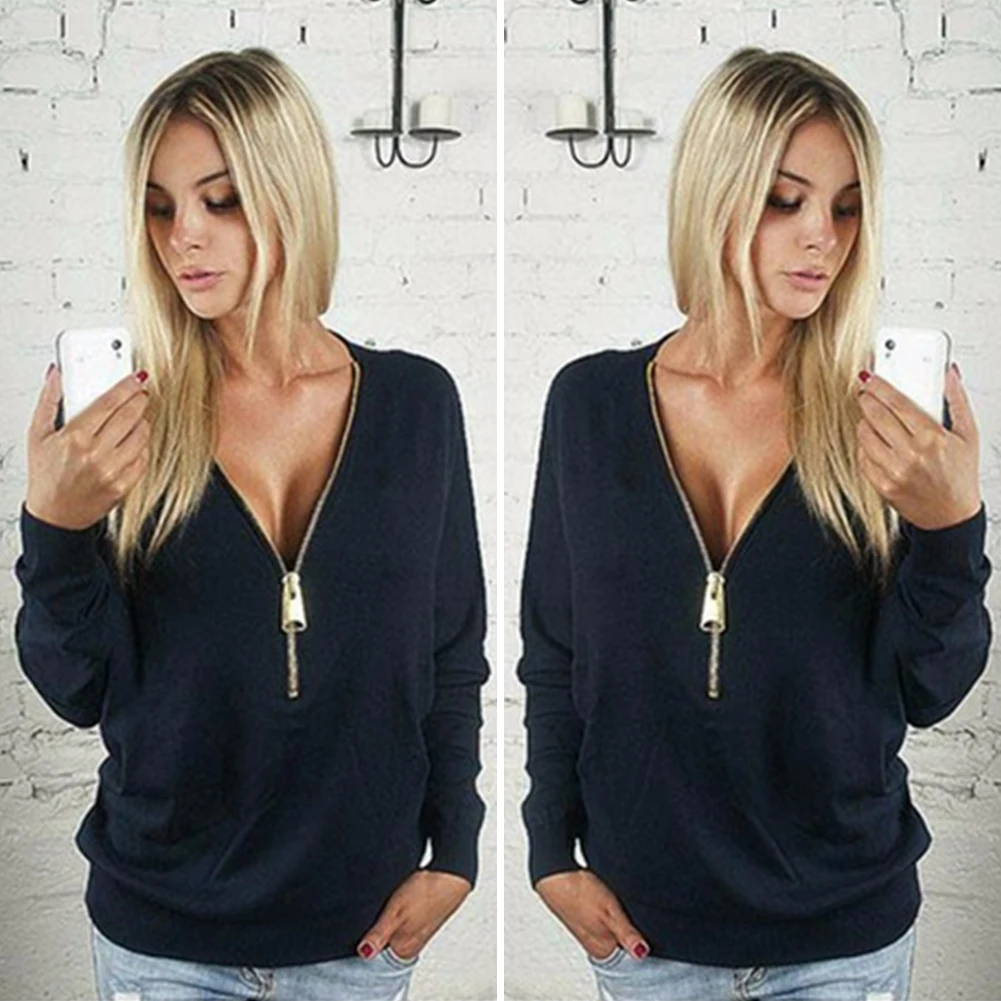 Spring Fashion Women Blouses Long Sleeve Zipper Deep V Neck Casual Sweatshirt Blouse Ladies Shirt Tops Blusas Plus Size Spring Fashion Women Blouses Long Sleeve Zipper Deep V Neck Casual Sweatshirt Blouse Ladies Shirt Tops Blusas Plus Size
