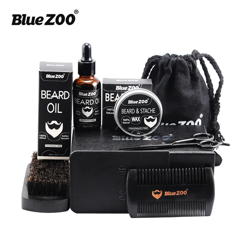 Набор для ухода за бородой Blue ZOO, натуральный органический, для мужчин, воск, масло для бороды, щетка, увлажняющий набор для бороды, для мужчин, для укладки, сглаживающий, мягкий для мужчин уход