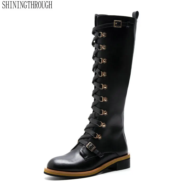 

Fashion Women Knee High Boots High Heels Rivets Buckles Long Motorcycle Boots Female New Sexy Winter Long Snow Boots
