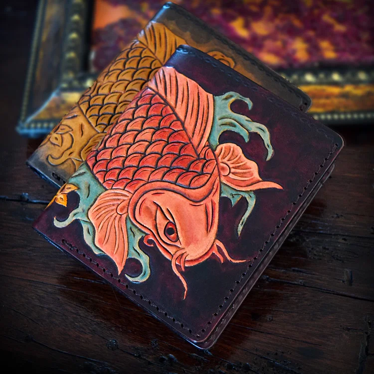 Hong Kong OLG.YAT handmade carving (fish 3) leather wallet Men's brief