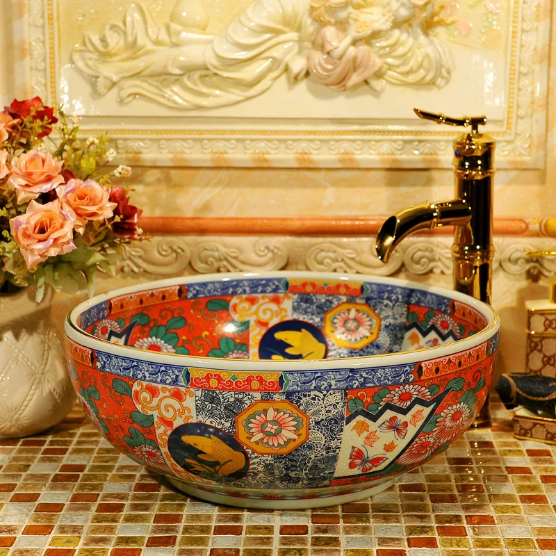 Western antique style ceramic colored bathroom luxury basin wash bowl