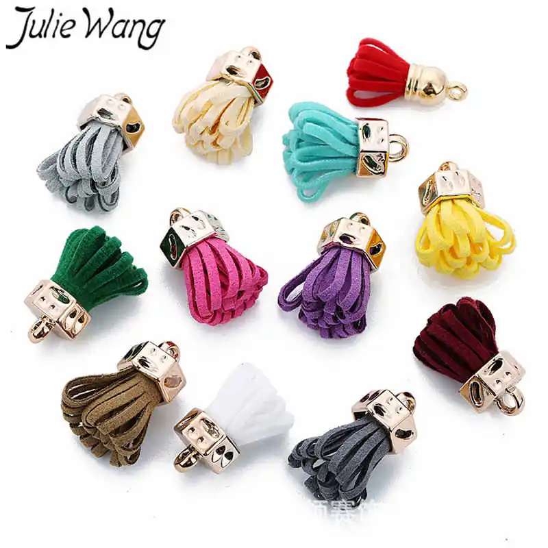 Julie Wang 20PCS Alloy+Suede Leather Small Tassel For Earring Pendant Charms Keychain Cellphone Straps Purses Jewelry Accessory