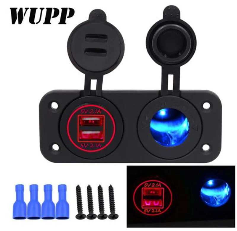 

WUPP Car Cigarette Lighter Socket Waterproof Dual USB Vehicle Charger With LED DC 12V-24V Double Aperture 2 Port 5V 4.2A Outlet