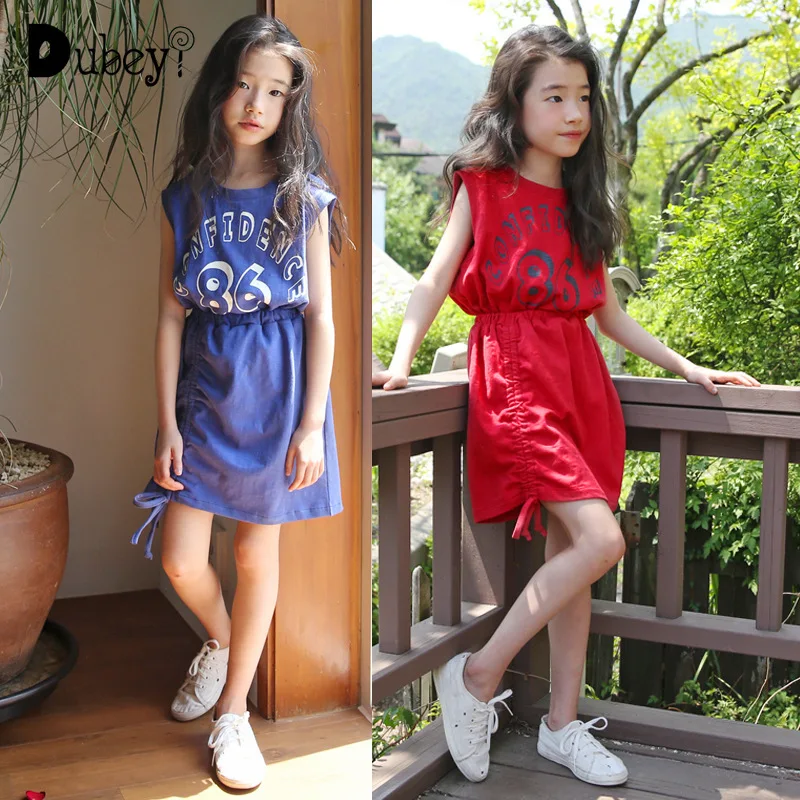 

Summer Casual Letter Pattern Dress for Girls Holiday Elegant Kids Girls Royal Blue Frock Red Tunic for 4-14 Years Teenager Girls