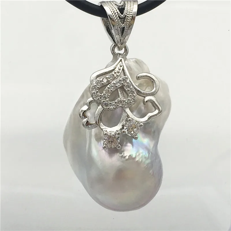 

Natural white Irregular Baroque Pearl Pendant Leather Cord Necklace 925 sterling silver clasp 001