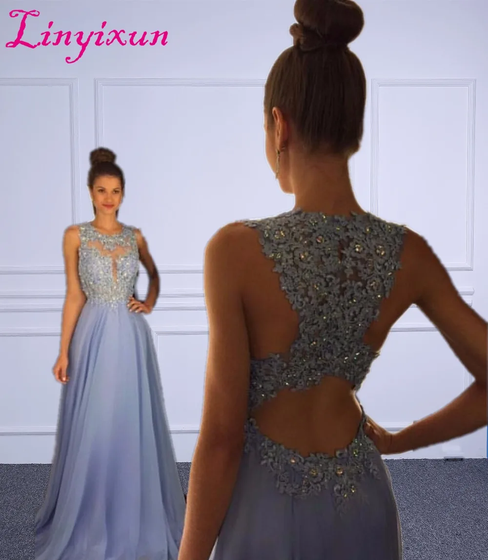 

Linyixun Real Photo Sexy O Neck A Line Chiffon Long Prom Dresses 2018 Lace Appliques Beaded Light Blue Marsala Backless Gown