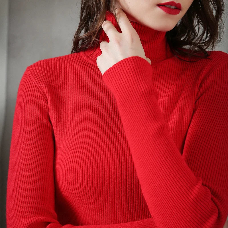 Для женщин с длинным рукавом кашемировый свитер пуловер для Для женщин осень зима водолазка шерстяной свитер Повседневная Женский джемпер свитер - Цвет: Красный