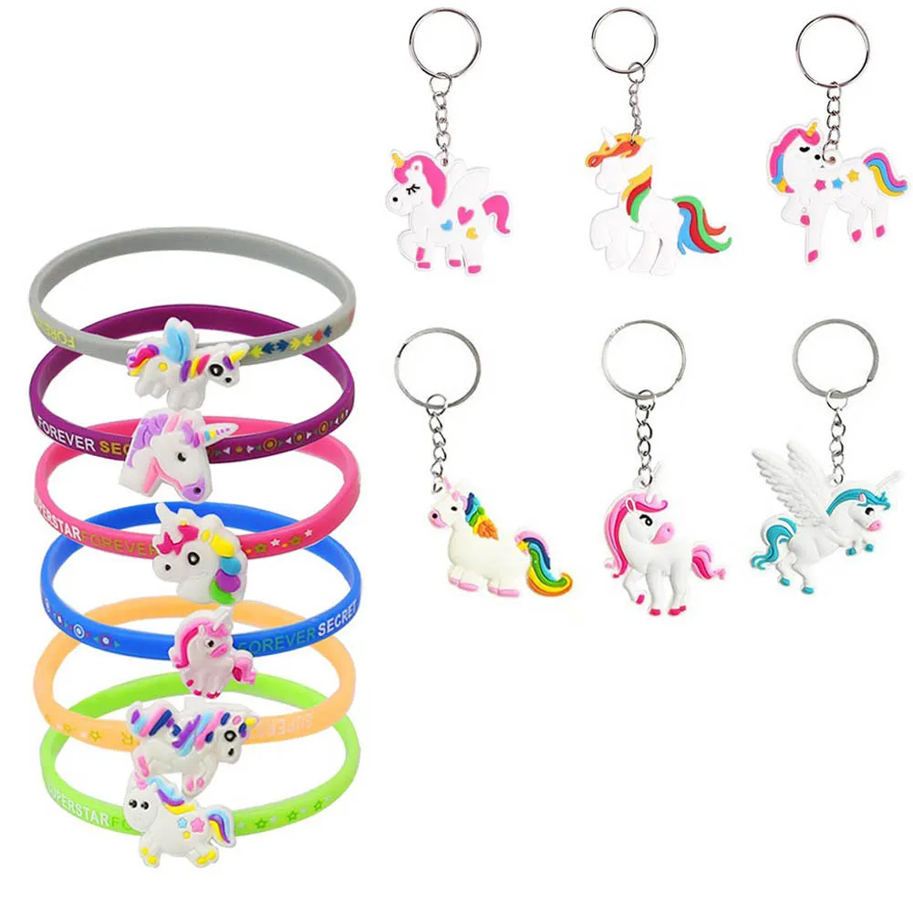 12 Pcs Lovely Unicorn Bracelet And Keychain Rubber Wristbands Pendant Keyring For Girls Unicorn-Themed Party Supplies Fa | Украшения и