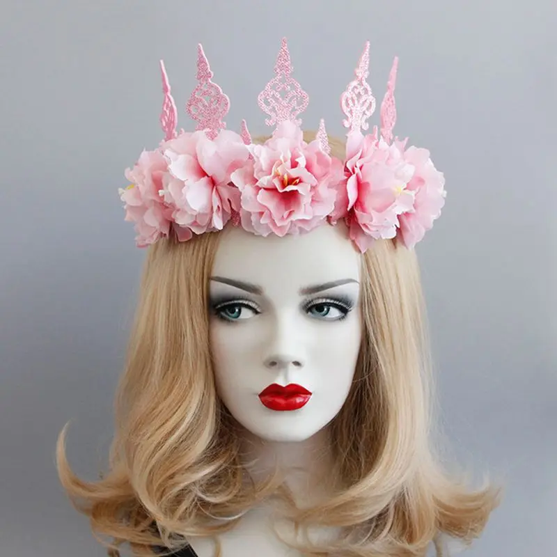 Женская голова королевы, венок, винтажная блестящая розовая Корона, цветок розы, тиара, повязка на голову, Длинные ленты, вечерние, маскарадный костюм для костюмированной вечеринки