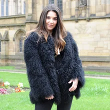 CX-G-A-111 o-образным вырезом Полный Пелт Женское пальто Верхняя одежда настоящий монгольский мех ягненка куртка