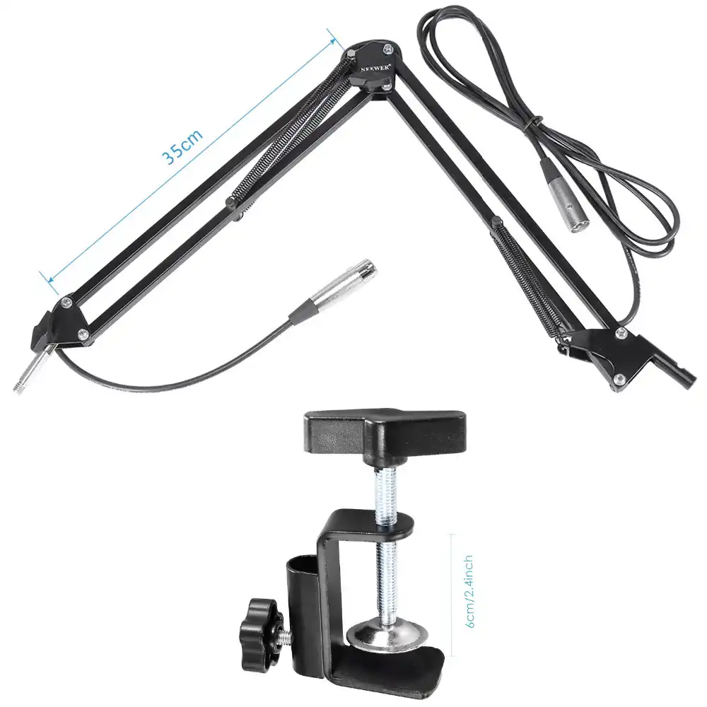 NeewerNW-35 Microphone Suspension Boom Scissor Arm Stand with Built-in XLR to XLR Cable Metal Shock Mount Table Mounting Clamp and Pop Filter Windscreen Mask Shield