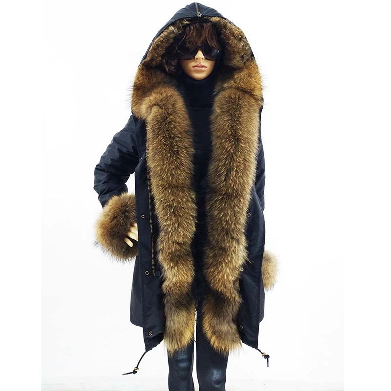 

2019 Winter New Fashion Womens Real Fur Coat Long Real Rabbit Fur Lined Parka Thick Warm Outerwear With Big Raccoon Fur Collar