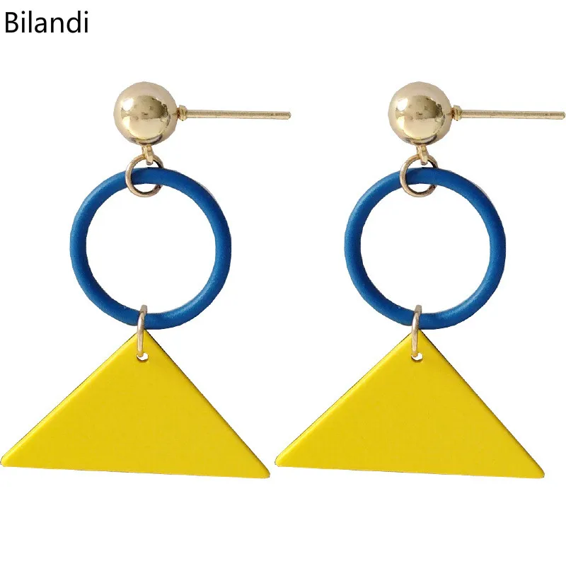 

Sweet Design Gold Ball Post Yellow Green Round Circle With Trangle Pendant Earring For Woman
