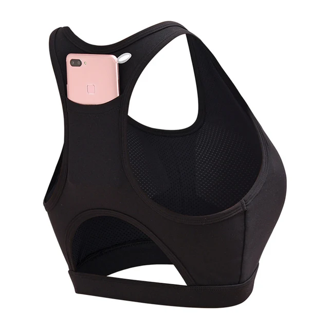 Women Sports Bra Phone Pocket Racerback Full Coverage Wireless