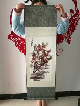 

TOP GOOD business gift Home office Study WALL Decorative painting Success 8 horses courser FENG SHUI ART chinese silk painting