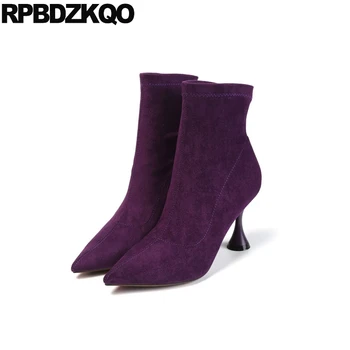 

Autumn Sexy Shoes Fall Booties High Heel 2018 Women Pointy Short Pointed Toe Side Zip Boots Red Stiletto Suede Ladies Purple