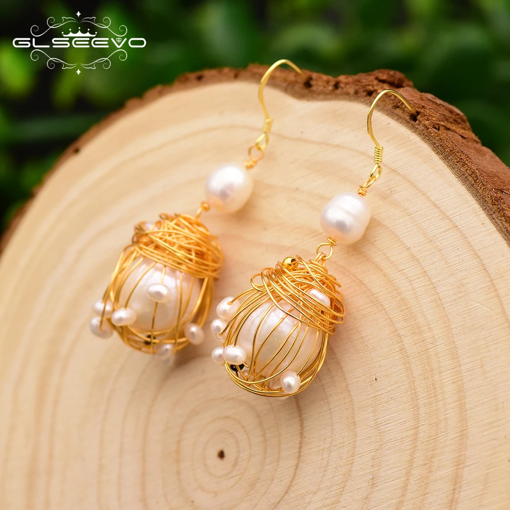 

GLSEEVO Original Natural Fresh Water Baroque Pearl Handmade Dangle Earring For Women Wedding Drop Earrings Luxury Jewelry GE0595