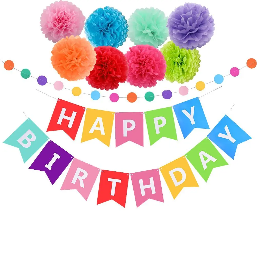 Happy Birthday Decorations Banner With Tissue Paper Pom Poms For