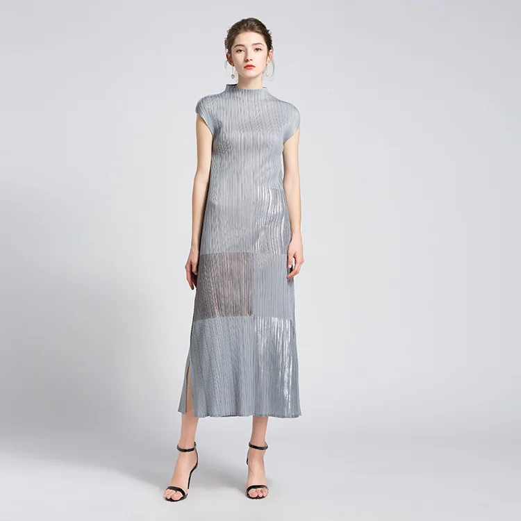 Changpleat летнее платье женщин miyak серые плиссированные Дизайн эластичный пояс стоять воротник женский Макси платья моды прилив - Цвет: Серый
