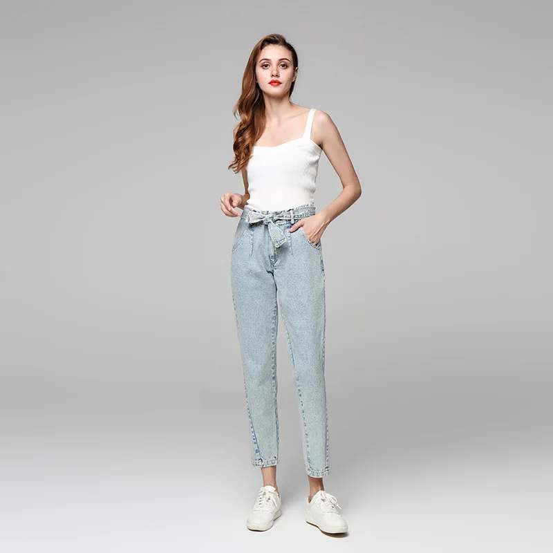 Spring Summer High Waist Tie Jeans Cotton Calf-Length Pants Pockets Pencil Pants Women