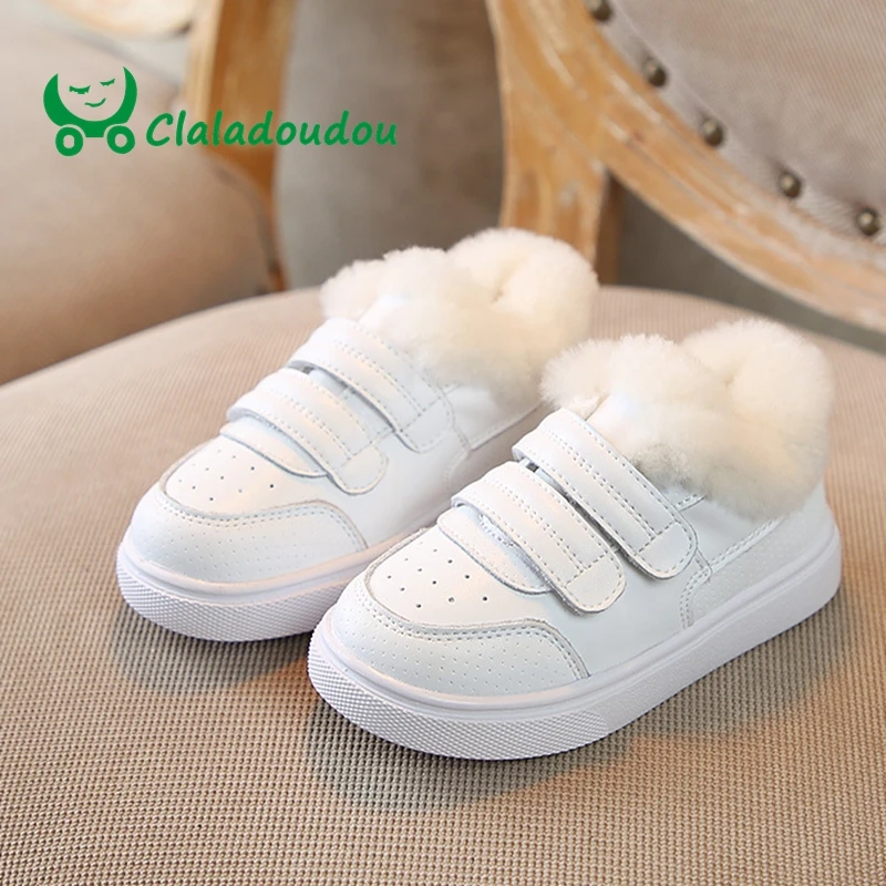 Claladoudou 13.5-22.5CM Genuine Leather+Sheep Fur Warm Kide Winter Sneakers Girls Boys White Plush Running Shoes Casual Shoes