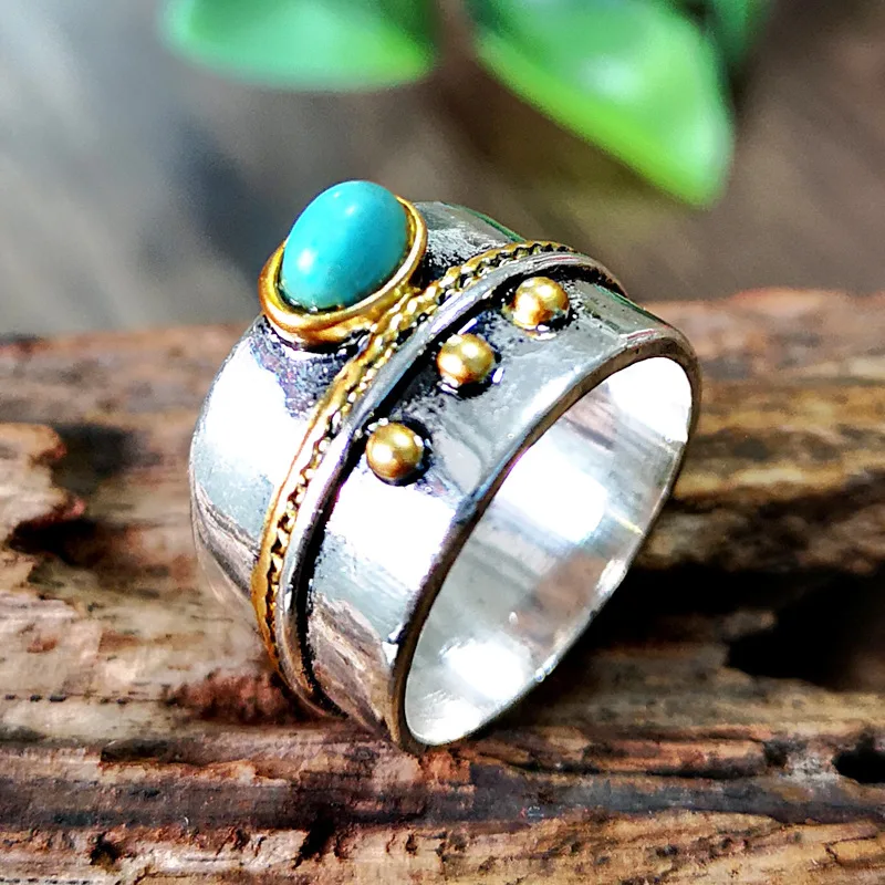 Модное винтажное Золотое серебряное двухцветное бирюзовое свадебное кольцо натуральные кольца с синим камнем для женщин и мужчин вечерние ювелирные изделия в стиле бохо Размер 6-10