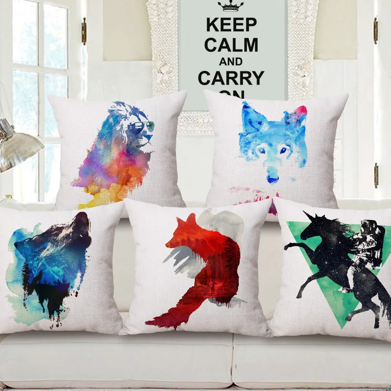 

Fashion High Quality Ink Painting Animal Fox Peacock, Bird, Horse Decorative Throw Pillow Case Cushion Cover Sofa Home Decor