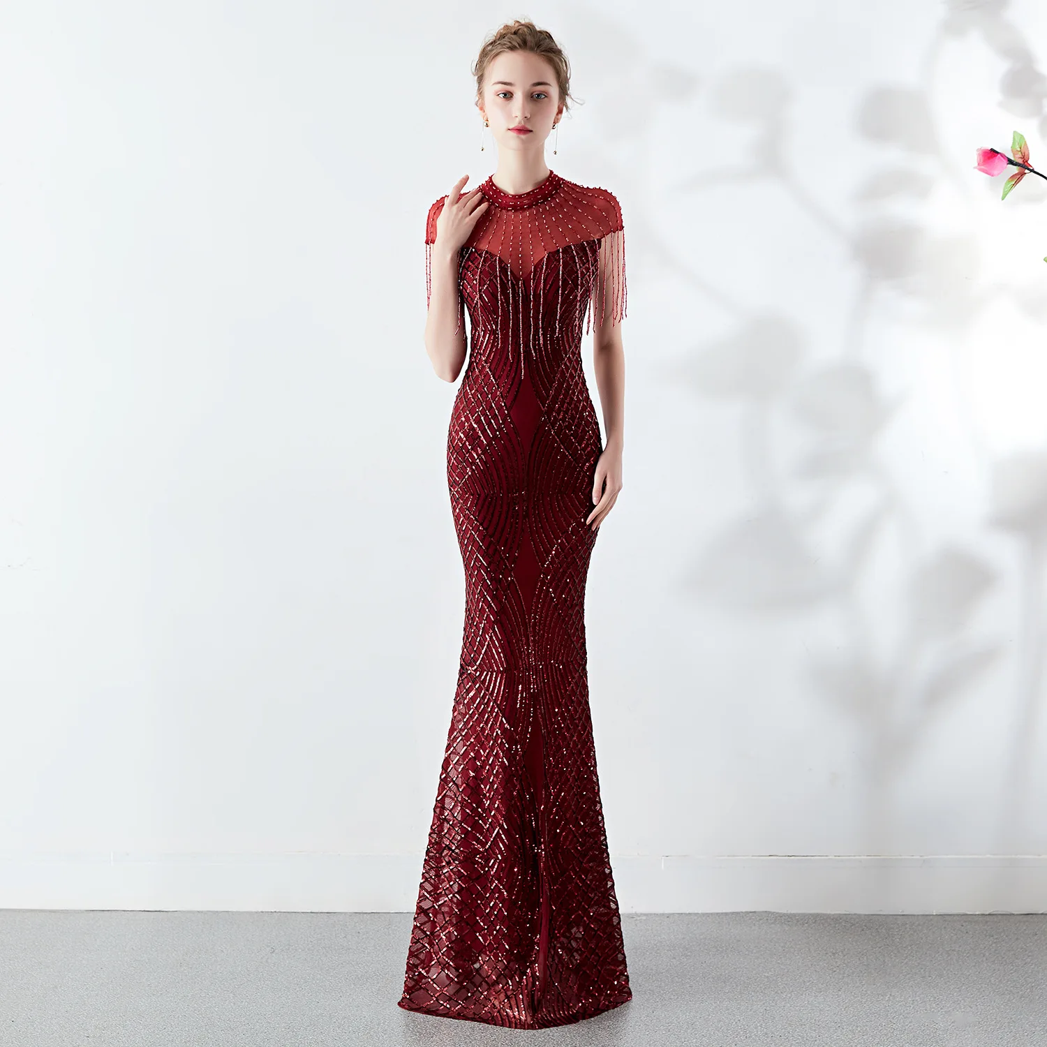 

Red Mesh Plaid Sequin&Crystal Beads Tassel Short Sleeve Mermaid Long Formal Dress Women Elegant Sexy Dresses For Nightclub Party