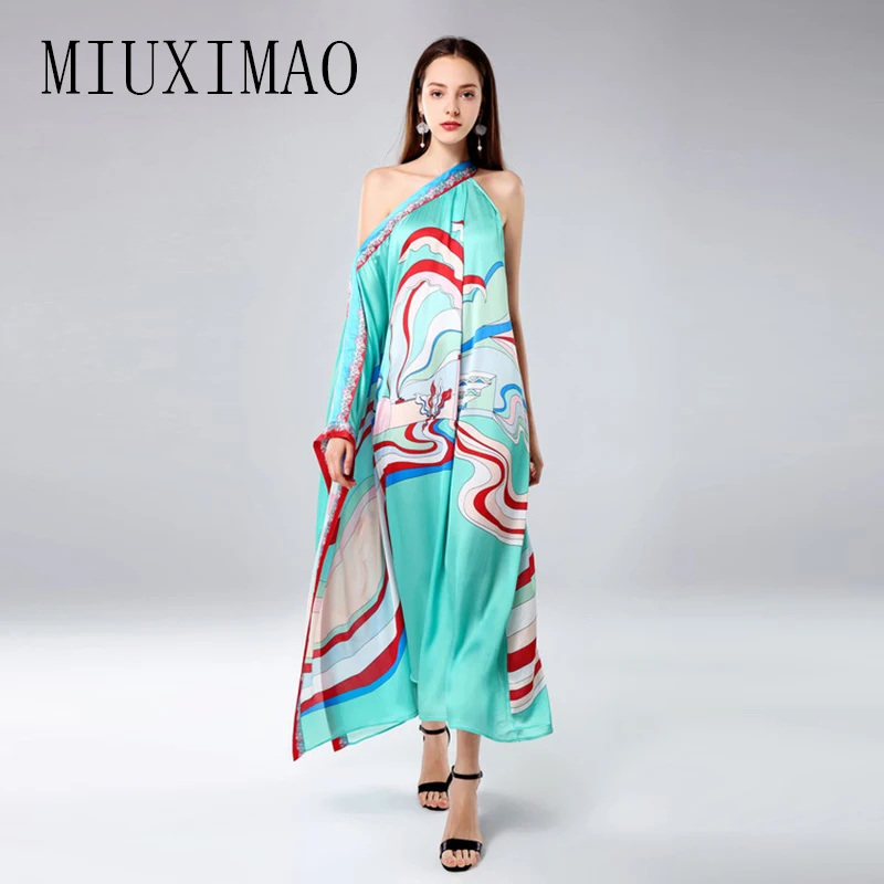 

MIUXIMAO Custom Plus Size Dress Fashion Newest Arrival Loose Asymmetrical Slash Neck AndOne-Shoulder Ankle-Length Dress Women