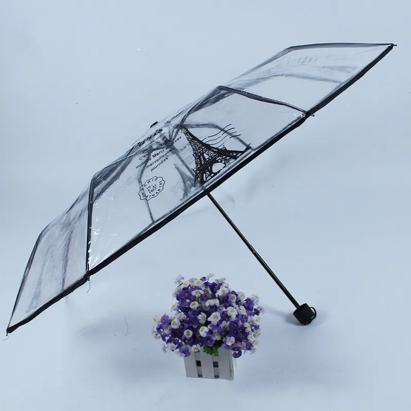 

EVA transparent print umbrella paris eiffel tower 8K perspective three folding umbrella non-automatic girl rain tools YS027