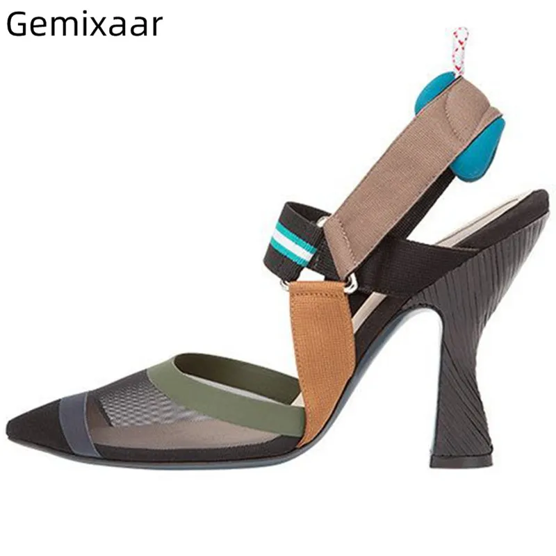 

Hot Sale Strange Heel Shoes Women Comfy Mesh Mixed Colors Walking Sandalias Point Toe Slim Shallow High Metal Heel Woman Sandals