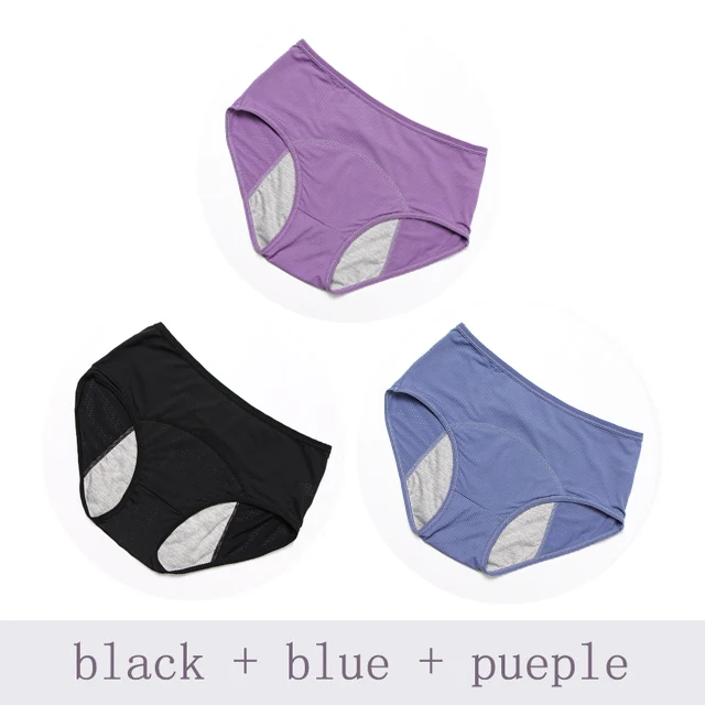 Новинка, дышащие, 3 шт. в наборе, герметичные, менструальные трусики, физиологические штаны, женское нижнее белье, хлопковые непромокаемые трусы - Цвет: Black Blue Purple