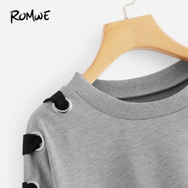  ROMWE Grey Criss Cross Drop Shoulder Knot Side Sweatshirt Women Casual Autumn Plain Clothing Tops S