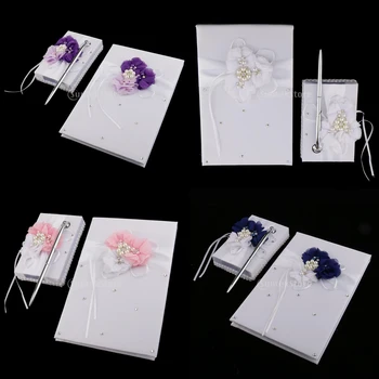 

White Satin Flower Wedding Guest Book & Signing Pen Set with Pearls Crystal