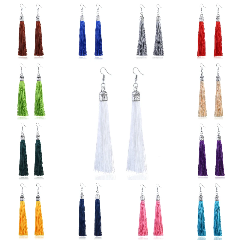 

QianBei Brand Tassel Earrings Women Fashion Jewelry Bohemian Drop Dangle Long Earrings Silk Fabric Ethnic Vintage Earrings