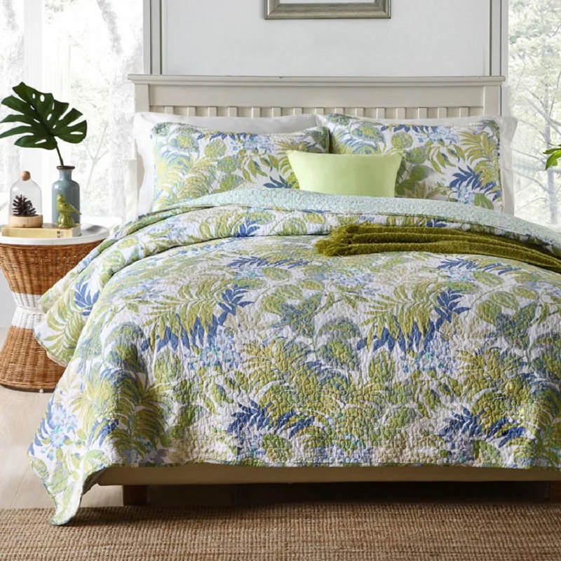 CHAUSUB Quality Quilt Set 3PC Palm Leaves Cotton Quilts