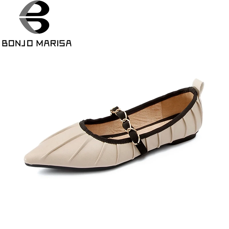 

BONJOMARISA 2018 Top Quality Genuine Leather Spring Summer Shoes Women Flats Comfortable Date Party Cow Leather Woman Shoes