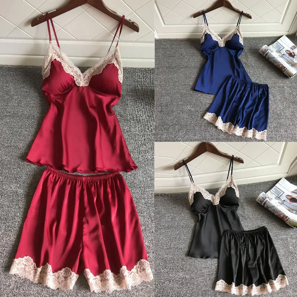 

2019 Women Pajamas Sexy Lace Lingerie Nightwear Underwear Babydoll Short Sleepwear 2PC Set Women Clothes pijama mujer algodon A4