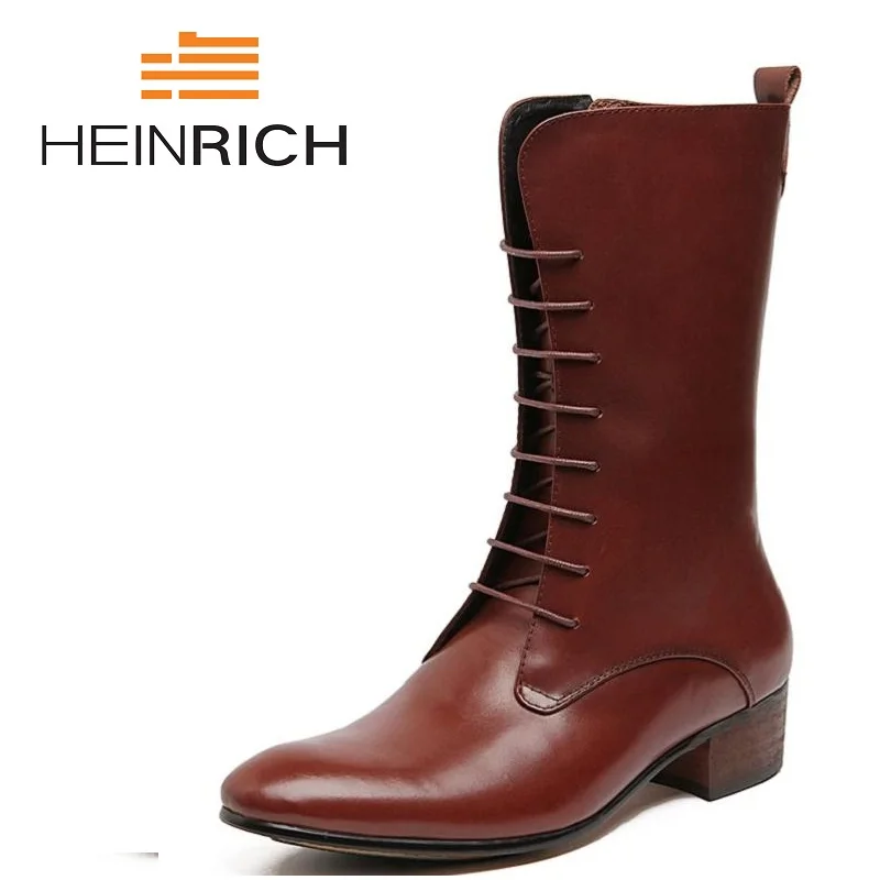 HEINRICH Men Genuine Leather Combat Boots Male Motorcycle Punk Boots High Heels Western Boots Men's Shoes Winterjas Mannen