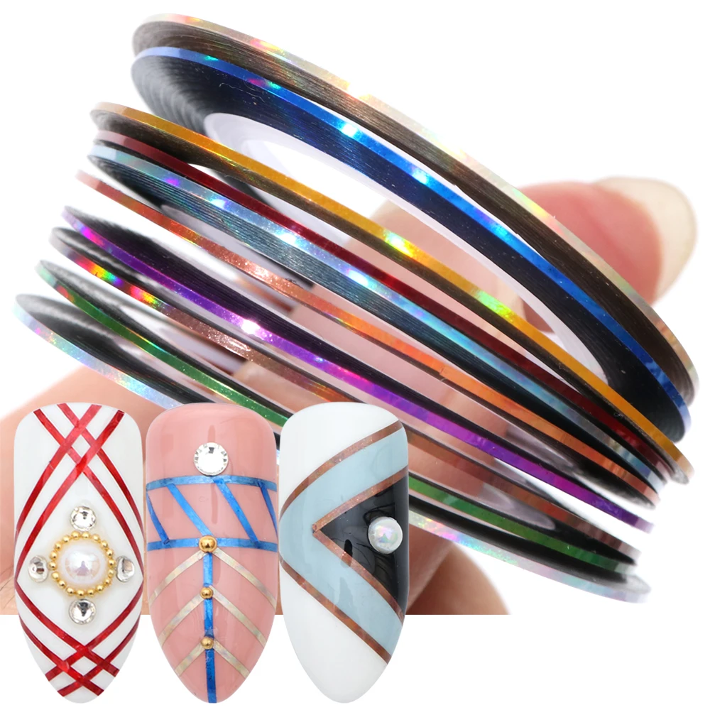 

10pcs Laser Nail Tape Striping Line Polish Stickers Adhesive Tips Decals Holographic Nail Wraps Manicure Decorations Tools BE815