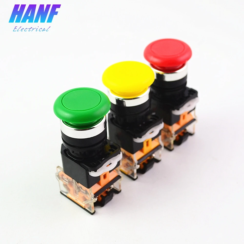1pcs 22mm 1NO1NC Plastic Mushroom Head Push Button Switch Automatic-reset DPST 4 screws 10A 400V Power  Red Green Yellow