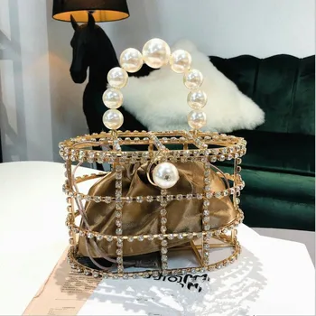 

Luxury Diamonds Women's Handbag Fashion Designer Clutch Evening Bag Bead Pearls Top Handle Bag Tote Busket Cage Shape Party Bag
