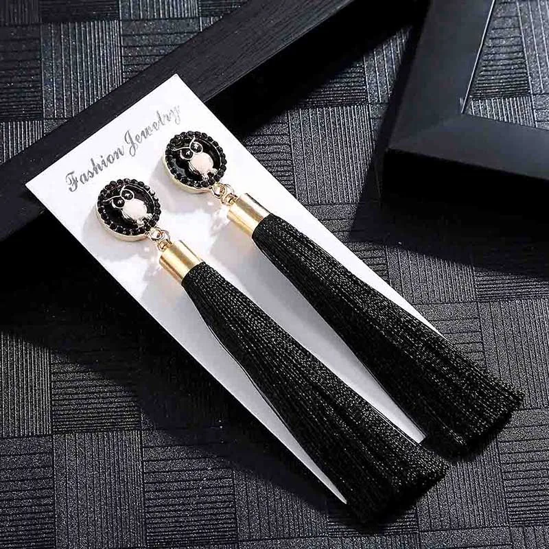E5852 Trendy Drop Earrings OwlAnimalWomenLongBohemianBlueSilkBalckDangleMetalBohoGold Tassel Earrings 2018 Jewelry
